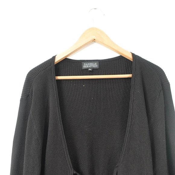 Black Sweater Women 3X Plus Black Knit Cardigan Ribbed Open Front Tie Casual L/S - Picture 2 of 8